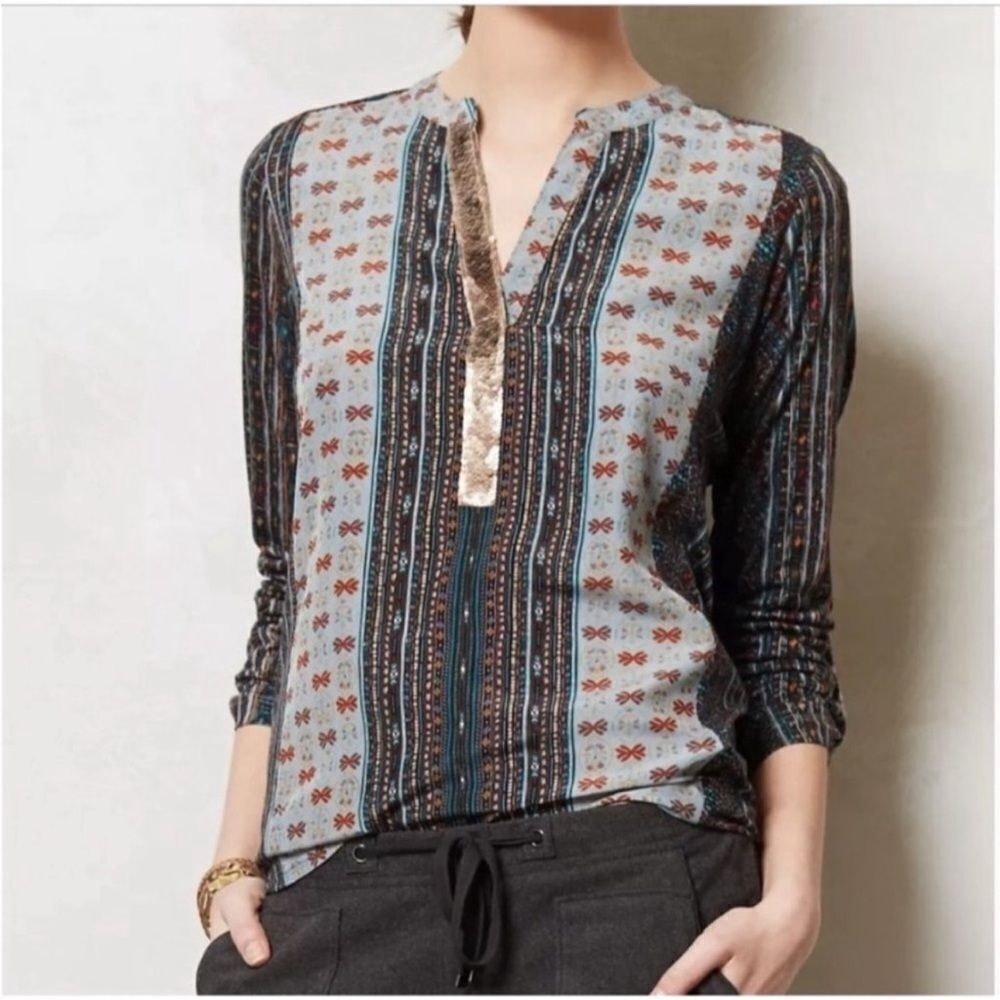 ANTHROPOLOGIE TINY Devas Aztec Printed Sequin Popover Blouse Women’s Size Small